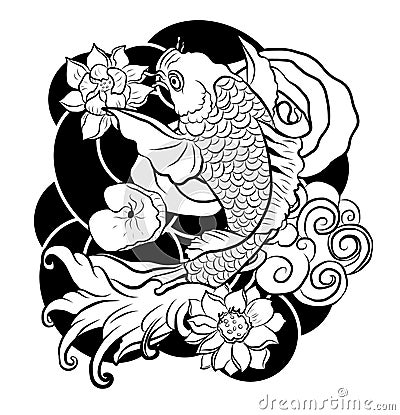Beautiful line art Koi carp tattoo design ,colorful koi fish and flower. Idea for tattoo and coloring books. Vector Illustration