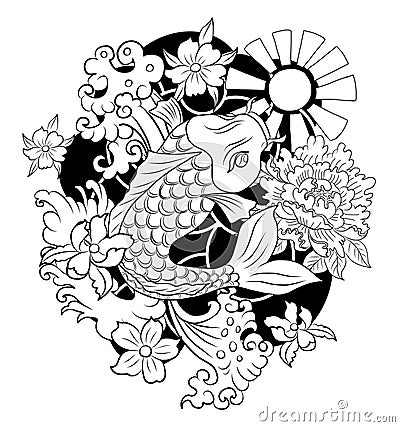 Beautiful line art Koi carp tattoo design,Koi fish carp with sunrise and sakura flower vector for tattoo design. Vector Illustration