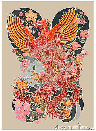 Beautiful line art of Phoenix for tattoo design on background. Vector Illustration