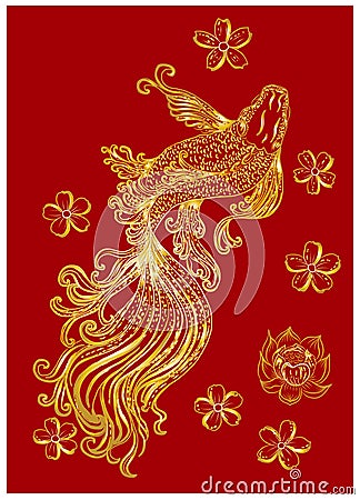 Beautiful line art of siam betta fish with sakura and lotus flower for doodle art design. Vector Illustration