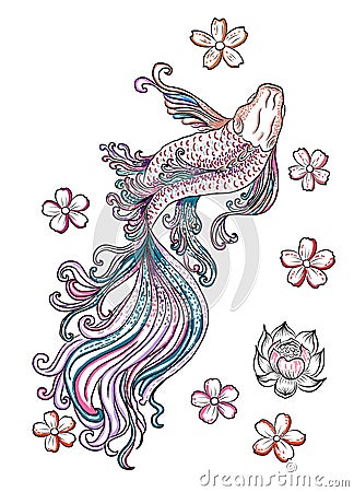 Beautiful line art of siam betta fish with sakura and lotus flower for doodle art design. Vector Illustration
