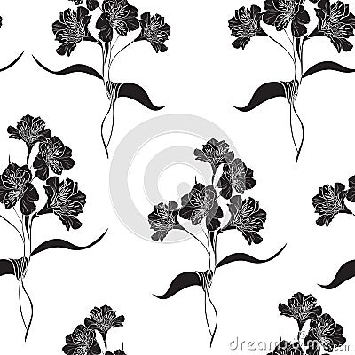 Beautiful line black white alstroemeria flowers branch seamless pattern. Vector illustration. Vector Illustration