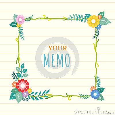 Beautiful lined paper background with colorful flower with leaf ornament frame. Paper sheet for memo, note, quote, greeting card Stock Photo