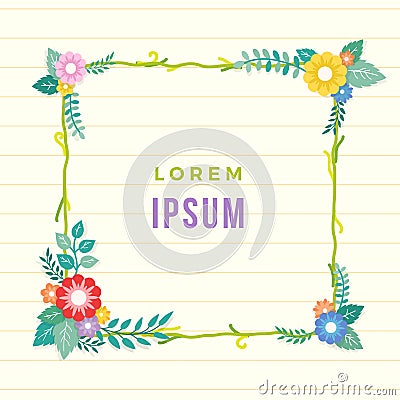 Beautiful lined paper background with colorful flower with leaf ornament frame. Paper sheet for memo, note, quote, greeting card Stock Photo