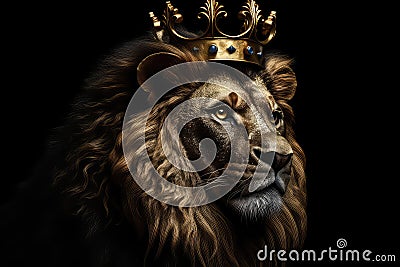 Beautiful Lion In Gold Crown On Matte Black Background. Generative AI Stock Photo