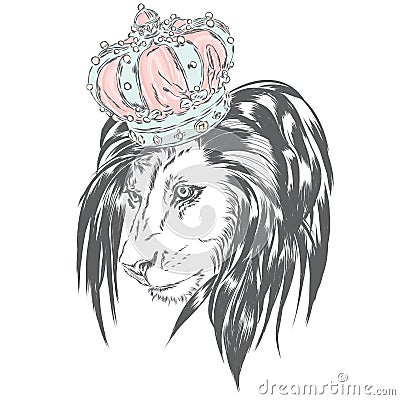 Beautiful lion wearing a crown. King of beasts. Vector illustration for greeting card, poster, or print on clothes. Vector Illustration