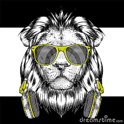 A beautiful lion wearing headphones and glasses. Vector illustration for a postcard or a poster, print for clothes. I love music. Vector Illustration