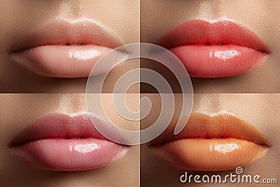 Beautiful lip collection. Fashion make-up set with female plump lips. Fashion variant for makeup. Naturale pale set Stock Photo