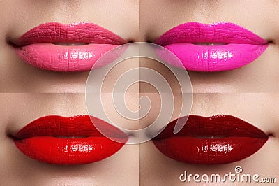 Beautiful lips collection color wine, fuchsia, pink, red. Beautiful make-up closeup. Sensual open mouth. Lipstick and lipgloss Stock Photo