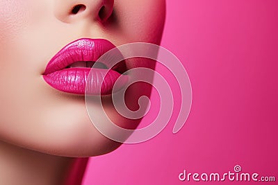 beautiful lips with pink lipstick on a pink background Stock Photo