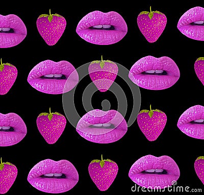 Beautiful lips, strawberry collage pattern on a colored background Stock Photo