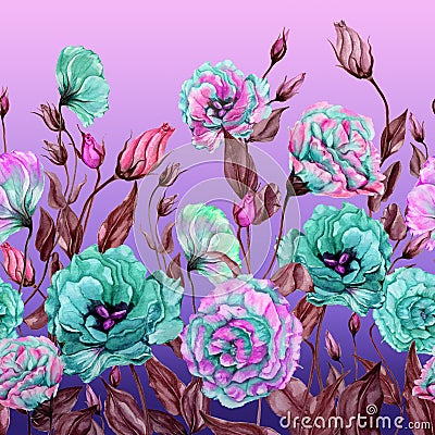 Beautiful lisianthus flowers on gradient background. Seamless floral pattern. Watercolor painting. Cartoon Illustration