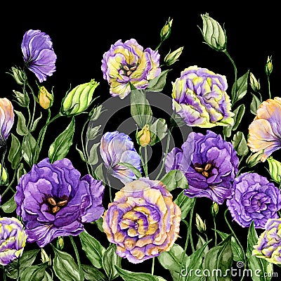 Beautiful lisianthus flowers with green leaves on black background. Seamless floral pattern. Watercolor painting. Cartoon Illustration