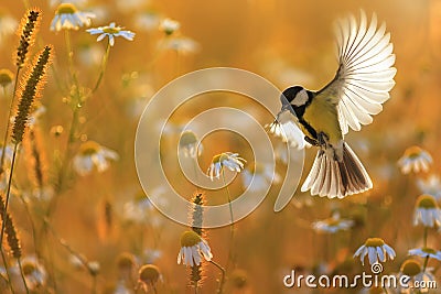 Beautiful little bird yellow tit flies over a field of white Daisy flowers in Sunny summer evening with feathers and wings spread Stock Photo