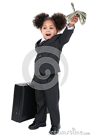 Beautiful Little Business Woman With Briefcase and Handful of Mo Stock Photo