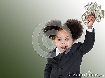 Beautiful Little Business Woman And Money Over Green Background Stock Photo