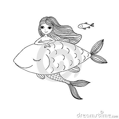 Beautiful little mermaid and big fish. Siren. Sea theme. Vector Illustration