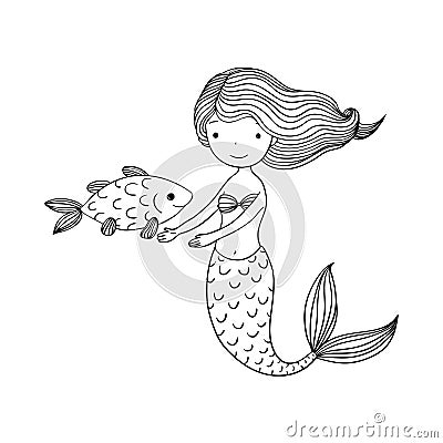 Beautiful little mermaid and fish. Siren. Vector Illustration