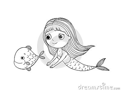 Beautiful little mermaid and fish. Siren. Vector Illustration