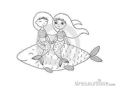 Beautiful little mermaid and fish. Siren. Vector Illustration