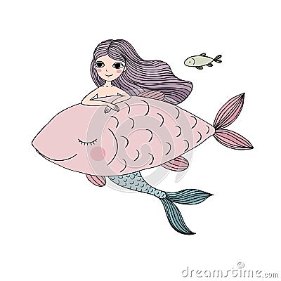 Beautiful little mermaid and fish. Siren. Vector Illustration