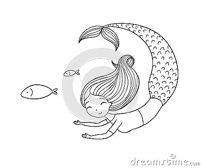 Beautiful little mermaid and fish. Siren. Vector Illustration