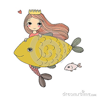 Beautiful little mermaid and fish. Siren. Vector Illustration