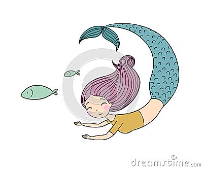 Beautiful little mermaid and fish. Siren. Vector Illustration