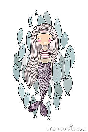 Beautiful little mermaid and a flock of fish. Siren. Sea theme. Vector Illustration