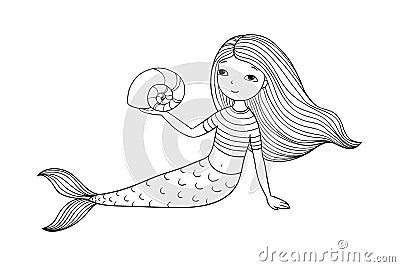 Beautiful little mermaid and shell. Siren. Vector Illustration