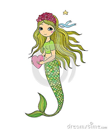 Beautiful little mermaid. Siren. Sea theme. Vector Illustration