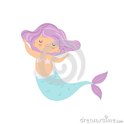 Beautiful Little Mermaid with Violet Hair, Cute Sea Princess Character Vector Illustration Vector Illustration