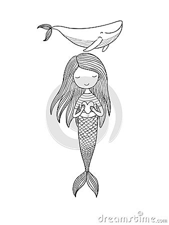 Beautiful little mermaid and whale. Siren. Sea theme. Vector Illustration