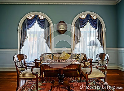 Beautiful living room interior with high windows Editorial Stock Photo