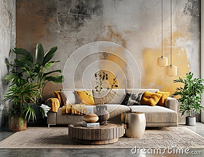 beautiful living room with neutrals, furniture, and plants Stock Photo