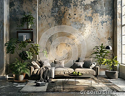 beautiful living room with neutrals, furniture, and plants Stock Photo