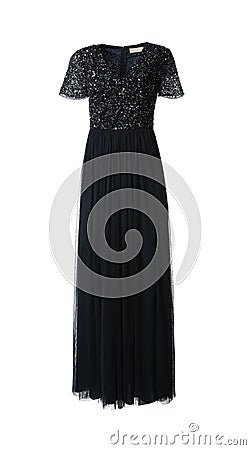 Long black party dress with paillettes on white background Stock Photo