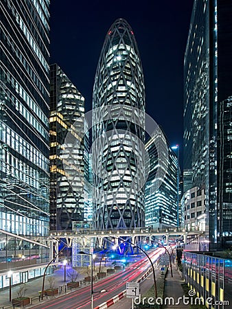 Beautiful long exposure vertical night shot of the La Defense business district in Paris, France Editorial Stock Photo