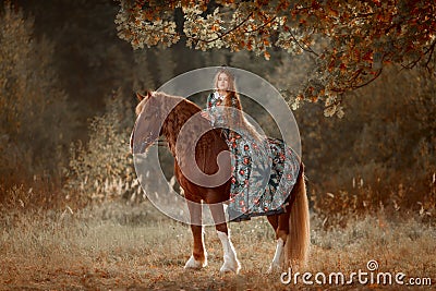 Beautiful young woman in national russian style with red draft horse Stock Photo