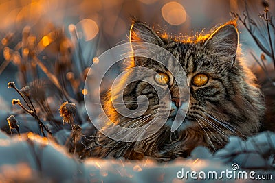 Beautiful Long haired Tabby Cat with Piercing Yellow Eyes Peeking through Snowy Winter Vegetation at Sunset Stock Photo
