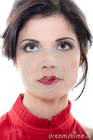 Beautiful looking up serious caucasian woman portrait Stock Photo