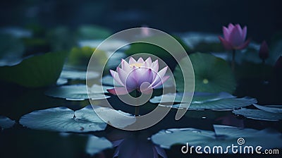 Beautiful Lotus that has been appreciated with the dark blue water surface. Generative AI Stock Photo