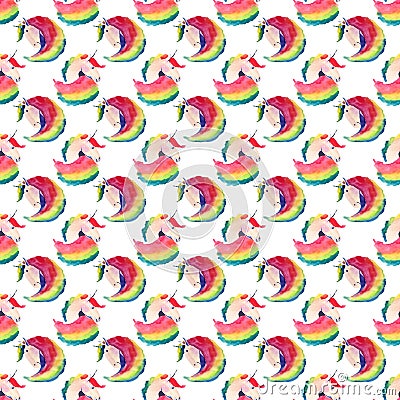 Beautiful lovely fairy magical colorful pattern of unicorns with rainbow watercolor hand illustration. Vector Illustration