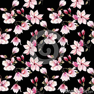 Beautiful lovely tender herbal wonderful floral summer pattern of a pink Japanese magnolia Cartoon Illustration