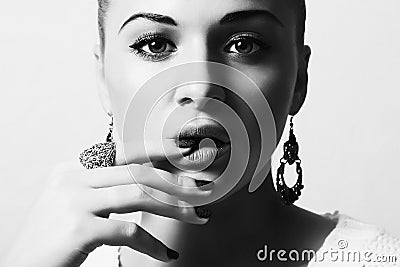 Beautiful Lovely Woman with Jewelry. Tender Beauty Girl Accessories. Manicure. Black and white Stock Photo