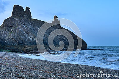 Beautiful low ground view of seascape and Black Castle ruins South Quay Corporation Lands Co. Wicklow Ireland. Wicklow coast Stock Photo