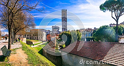 Travel in Italy -medieval Lucca town with beautiful parks, Tuscany Editorial Stock Photo