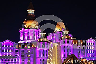 Beautiful luminous castle building bogatyr in the city of Sochi Stock Photo