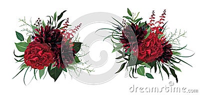 Beautiful luxurious burgundy red, green watercolor style vector bouquet. Garden roses, dahlia flower, greenery eucalyptus leaves, Vector Illustration