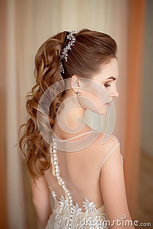 Portrait of Beautiful luxurious female model with medium brown hair in a long fashinable dress standing in the room. Stock Photo